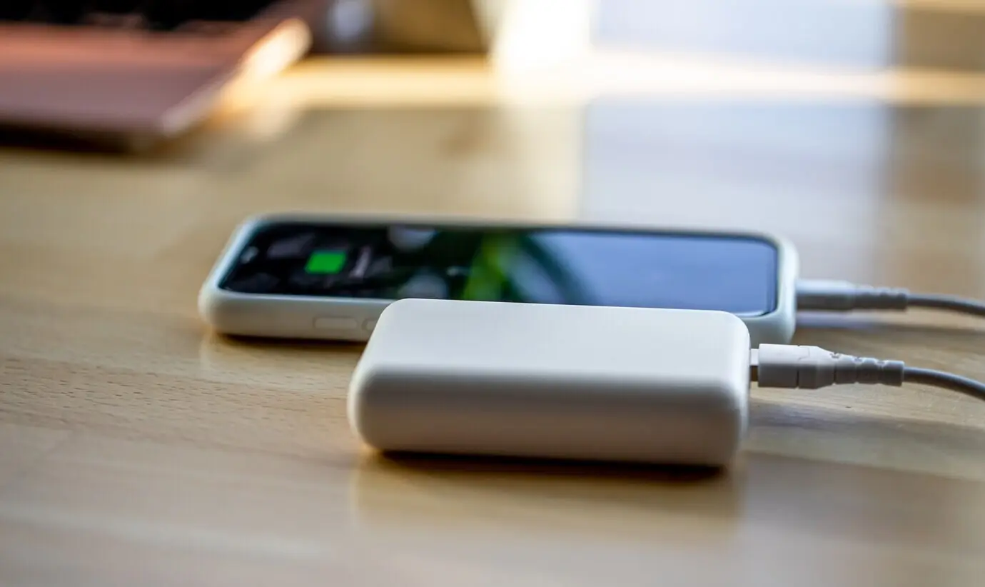 A small white power bank charges the smartphone via a cord.