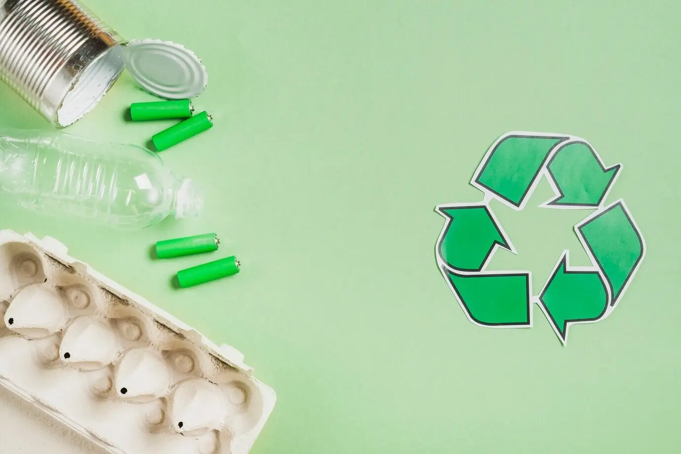 Recycling symbol with waste products on a green background.